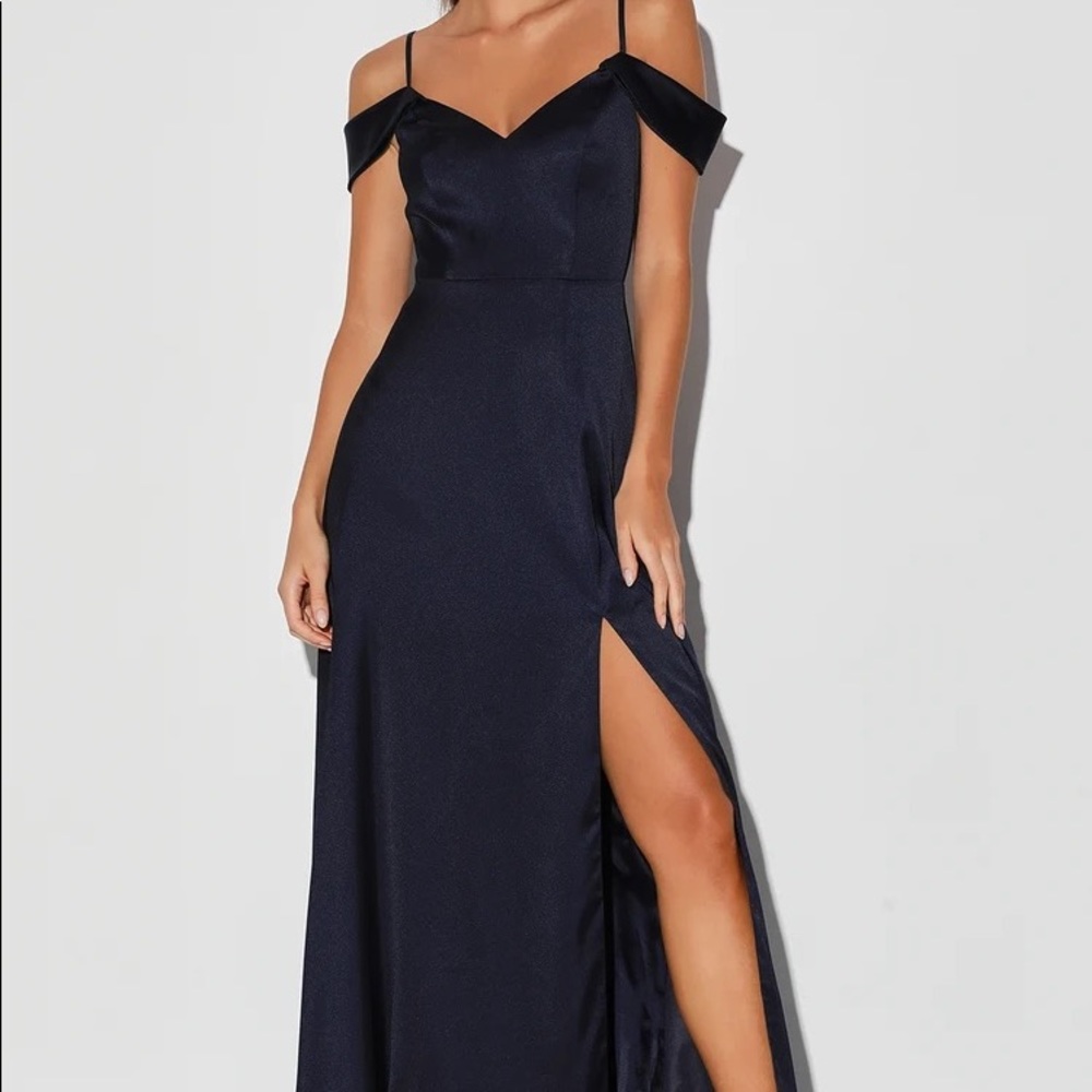 Meant For Forever Navy Blue Satin Off-the-Shoulder Maxi Dress